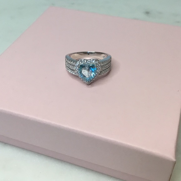 .925 Sterling Silver Aquamarine CZ Heart Ring - Picture 2 of 16